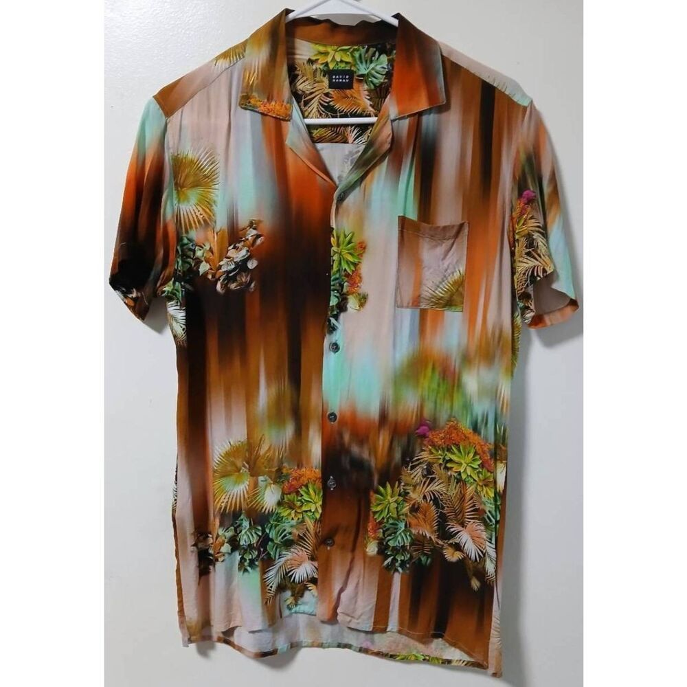 David naman mens small flower in garden art wear rust lightweight viscose shirt